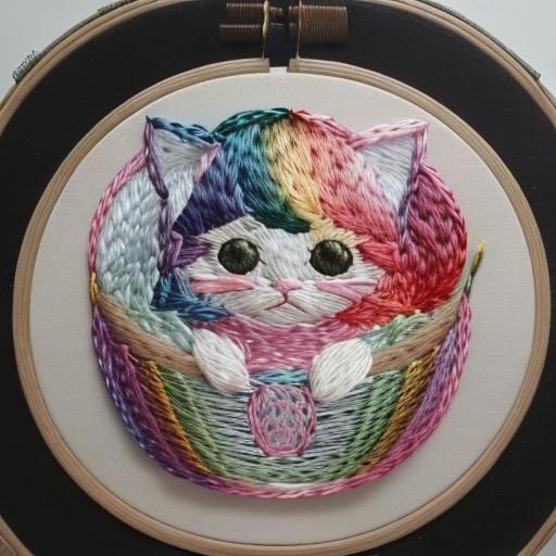 Cute Rainbow Kitten Embroidered Artwork