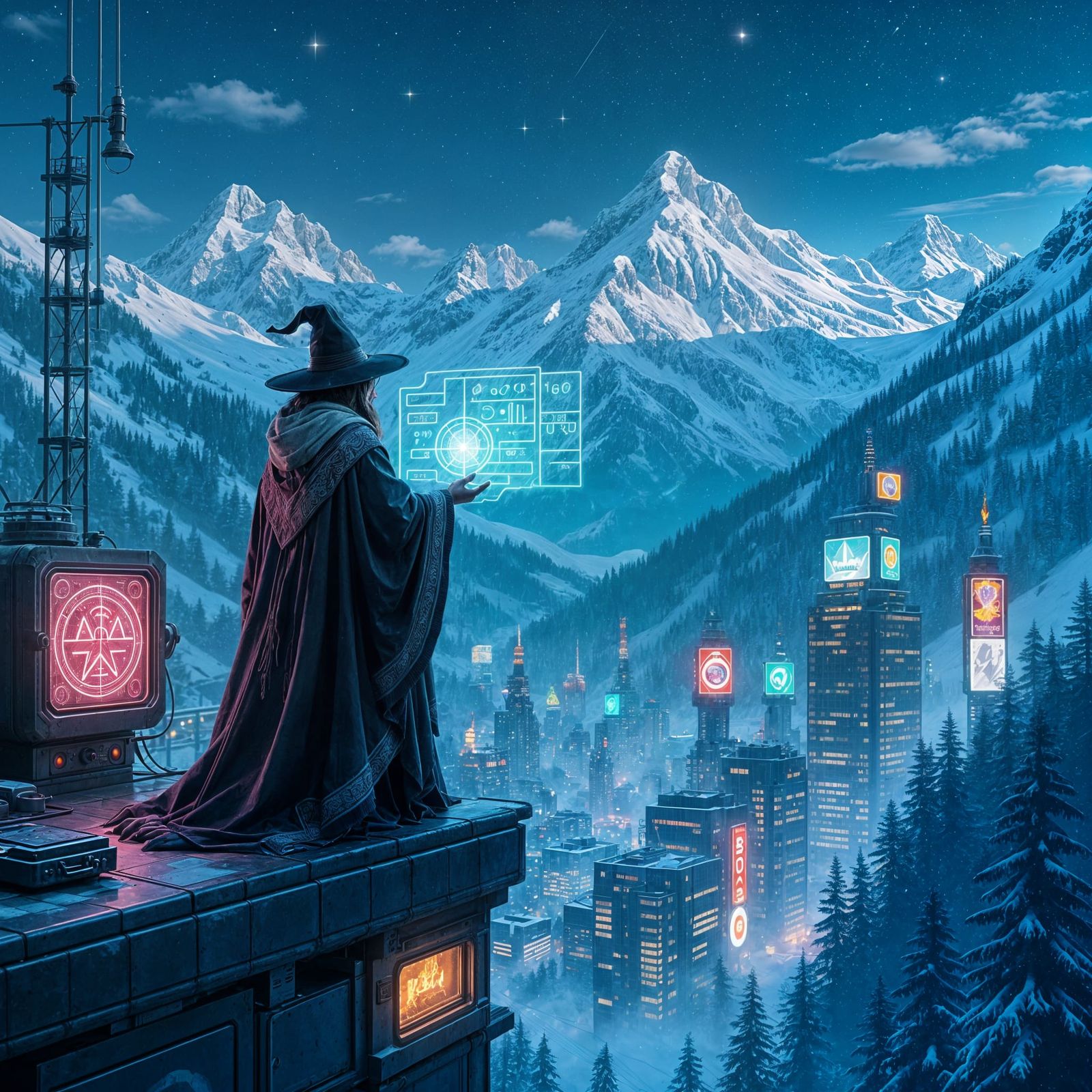 Retrofuturistic Wizard's Cyberpunk Atelier Overlooking Canad...