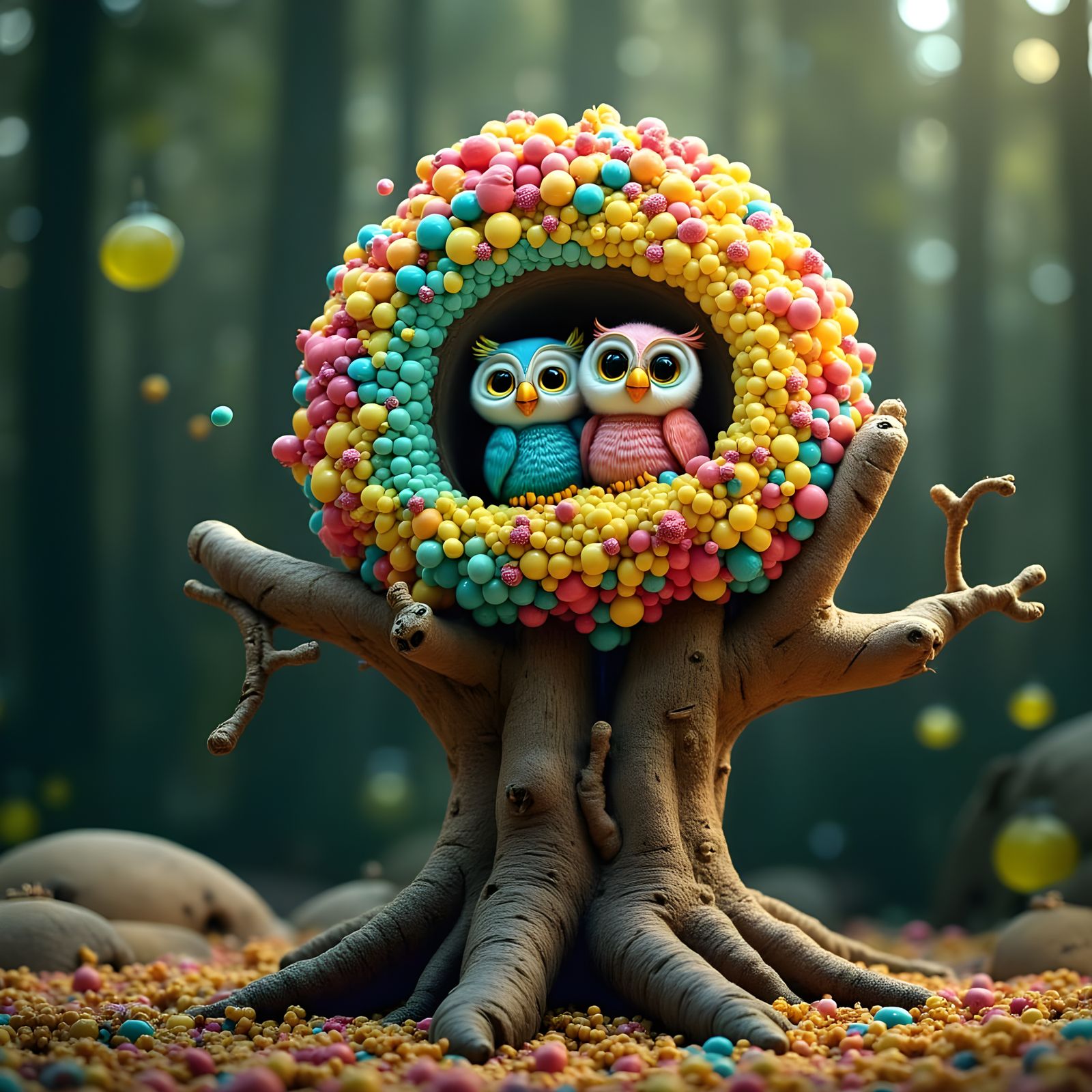 Vibrant Lollipop Tree with Nesting Owls in Whimsical 1930s C...