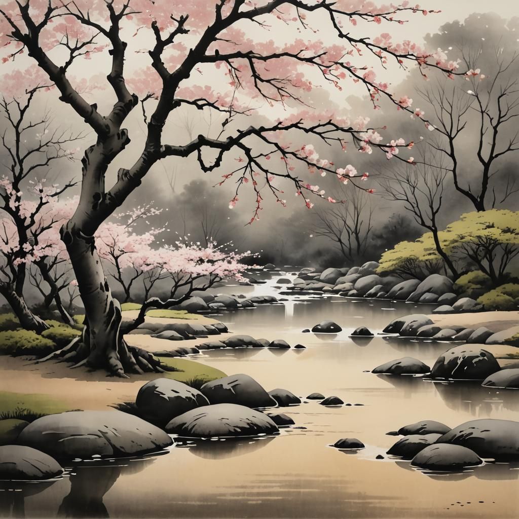 Zen Garden in Japanese Ink Wash Style