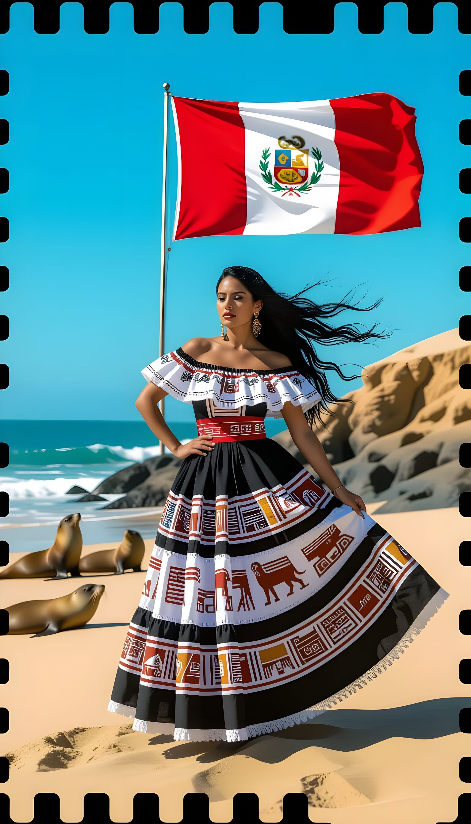 Peruvian Woman on Golden Sands in Cinematic Style