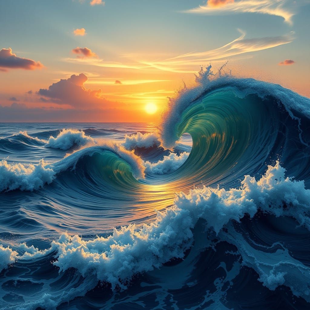 Fractals in Ocean Waves: A Digital Painting of Sunset Harmon...
