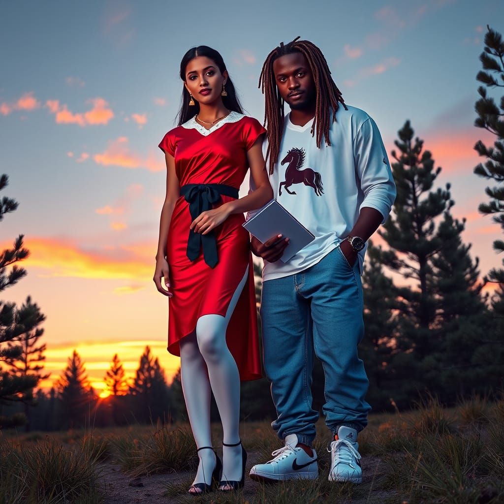 Indian Woman and Football Player in Synthwave Landscape