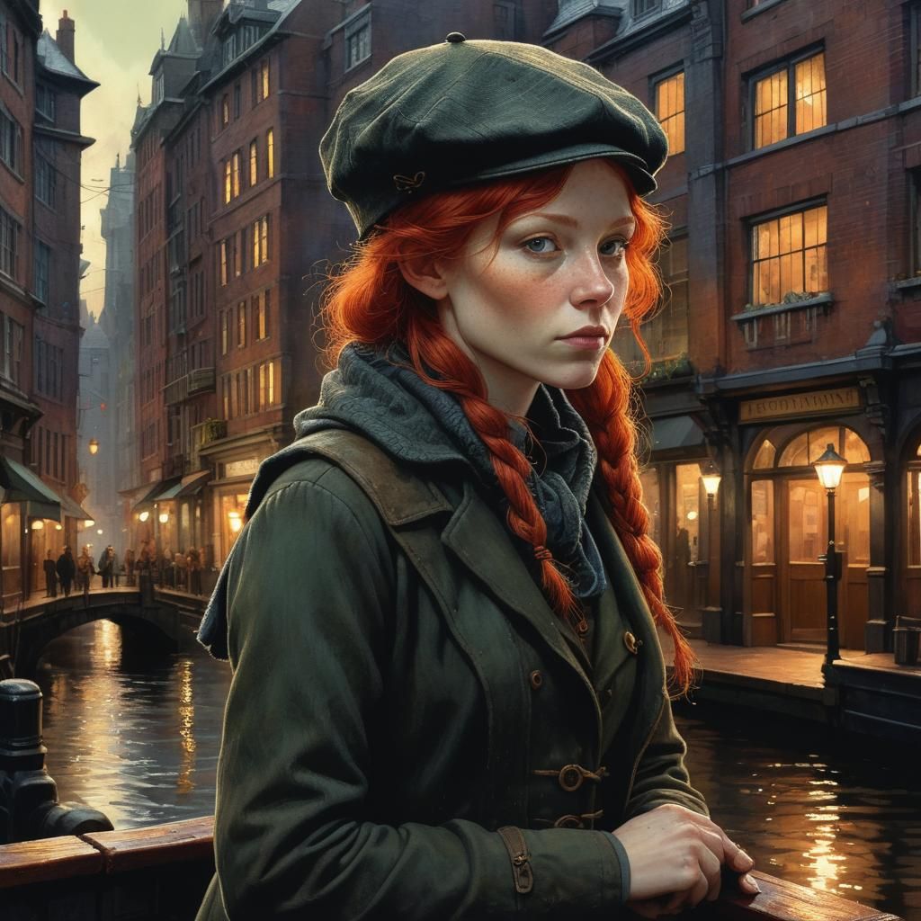 Grimdark Ferrywoman Portrait in Dark Academia Style