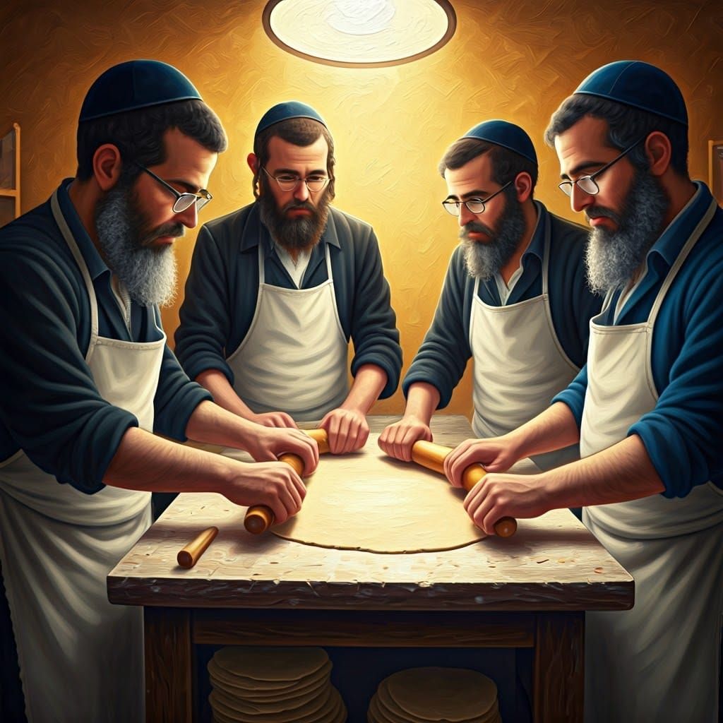 Chassidic Men Prepare Traditional Matzah in Warm, Golden-Lit...