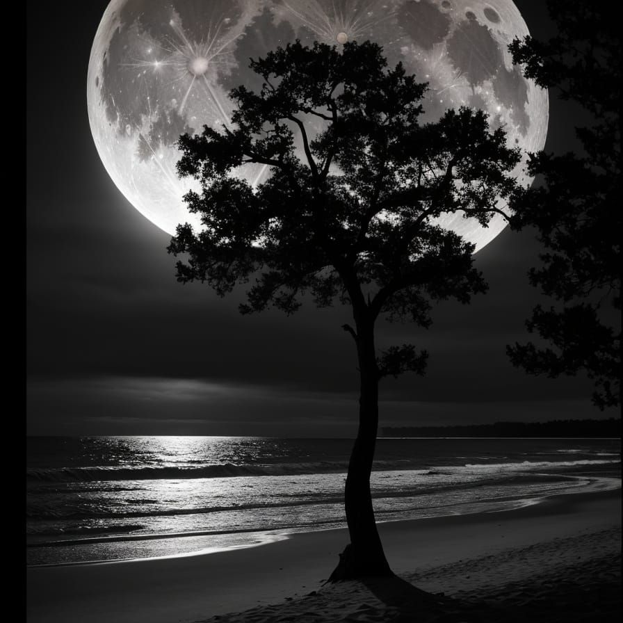 Midnight Beach with Oak Tree in Hyperrealism