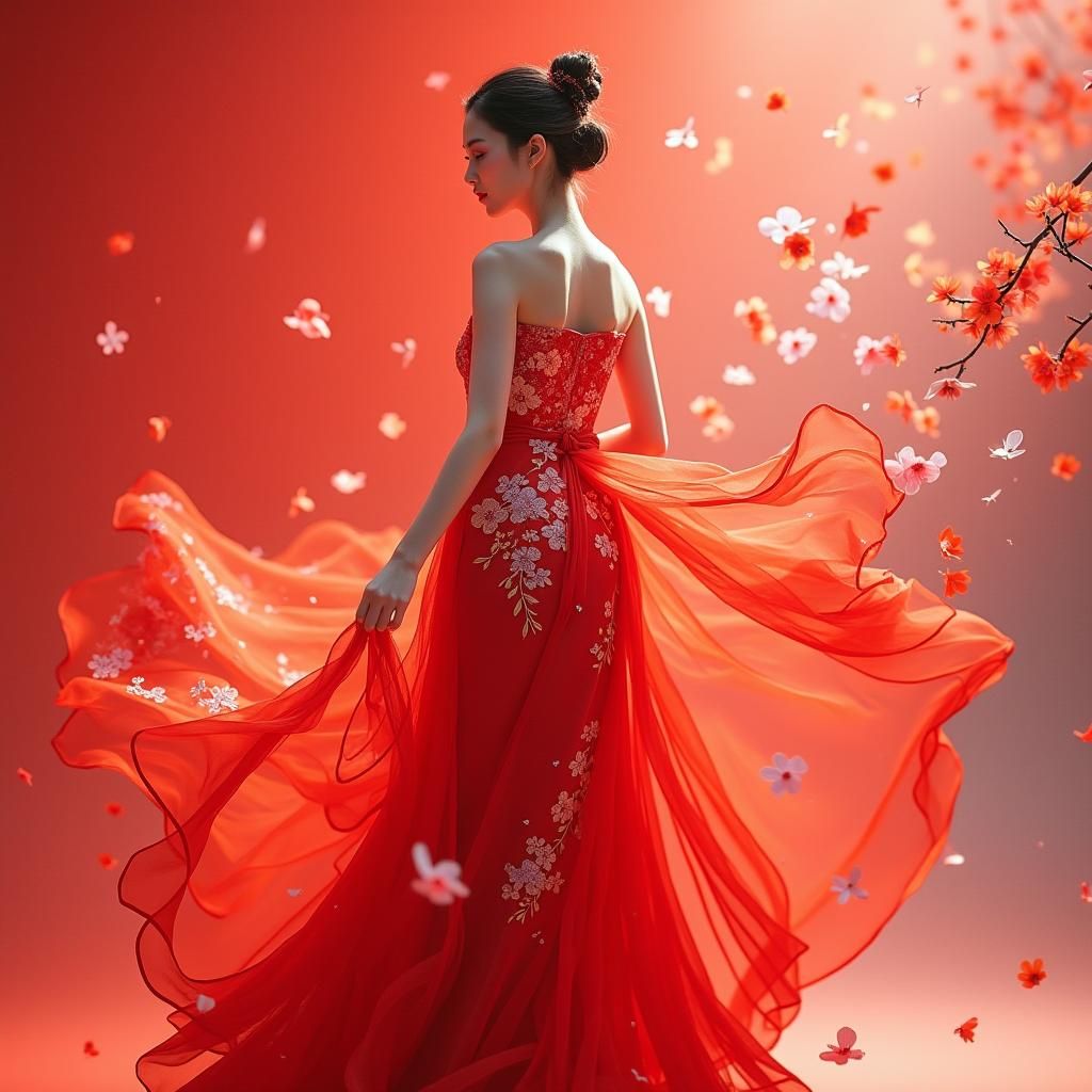 Asian Woman in Red Gown Amidst Floral Whirlwind