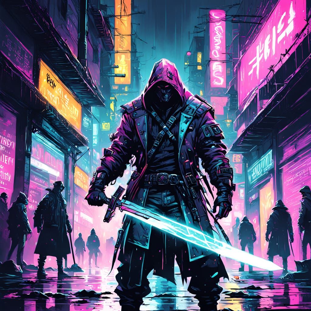 Neo-Noir Warrior with Glowing Sword in Rainy Alley