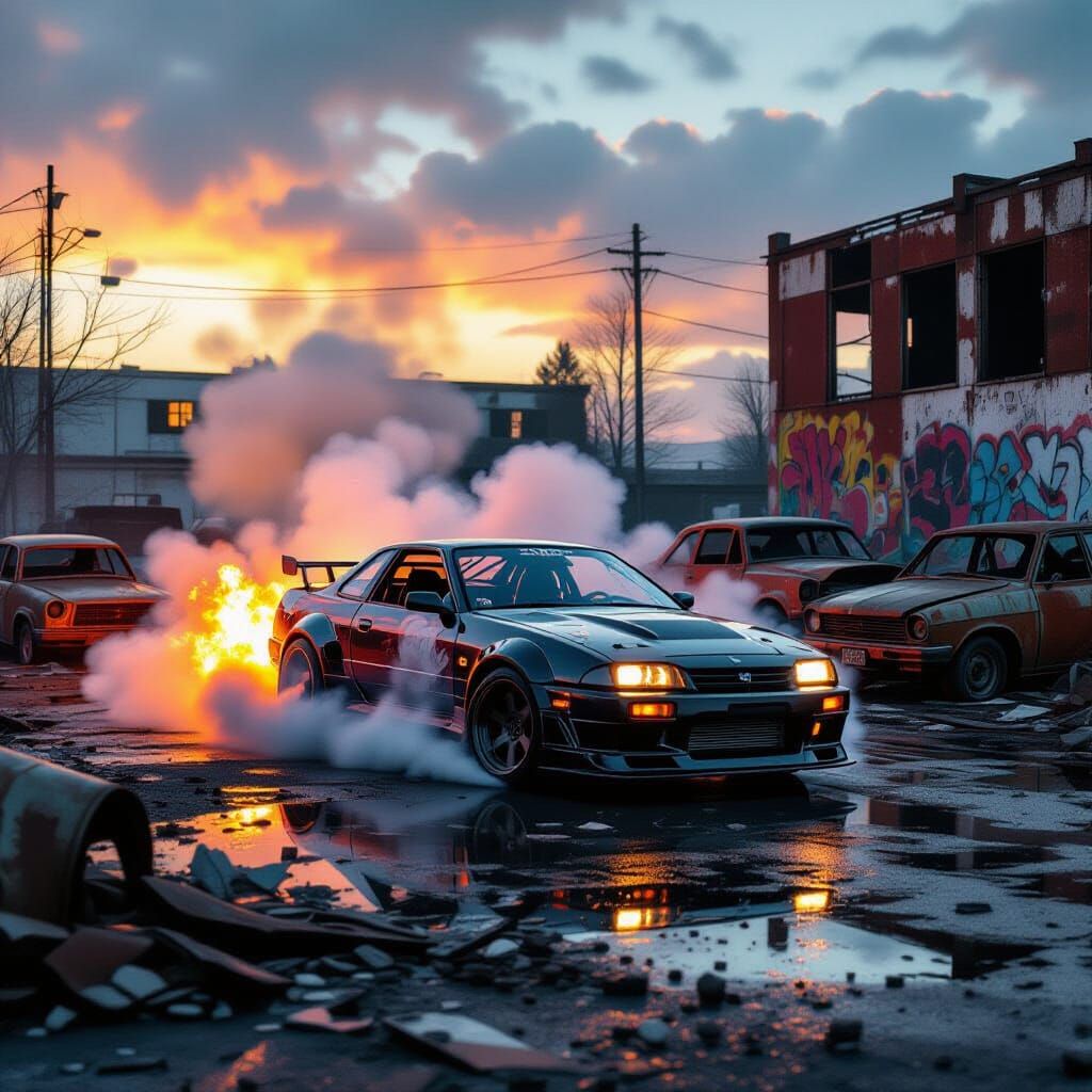 Cinematic Car Drifting in Abandoned Cyberpunk Lot