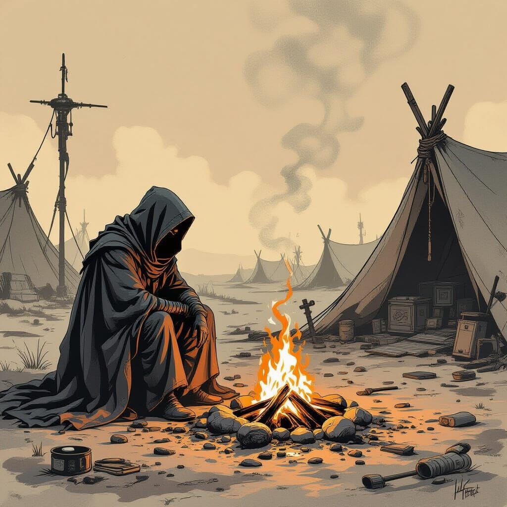 Dark Fantasy Art of Cloaked Figure by Dying Campfire