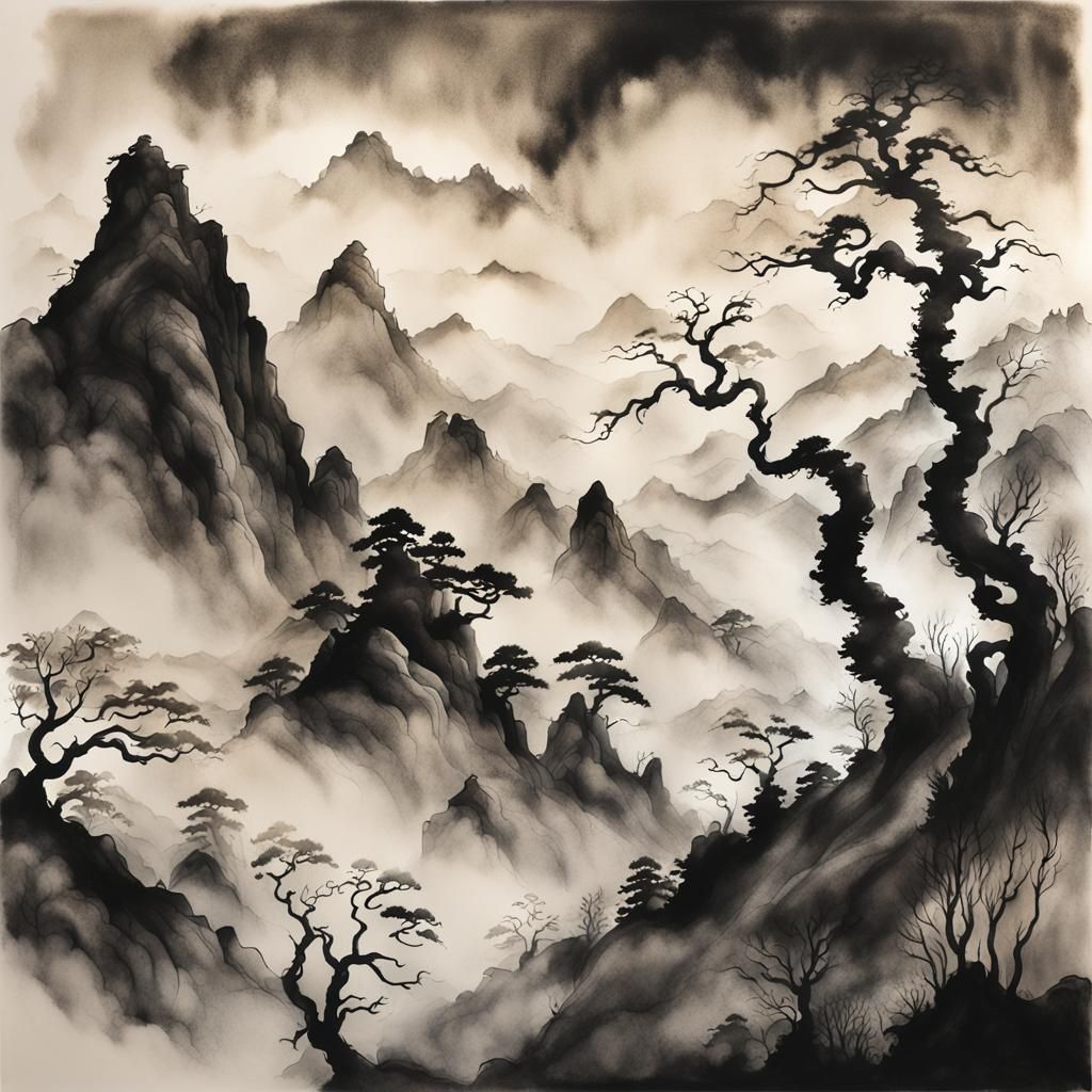 Eerie Mountain Landscape in Ink Wash Style