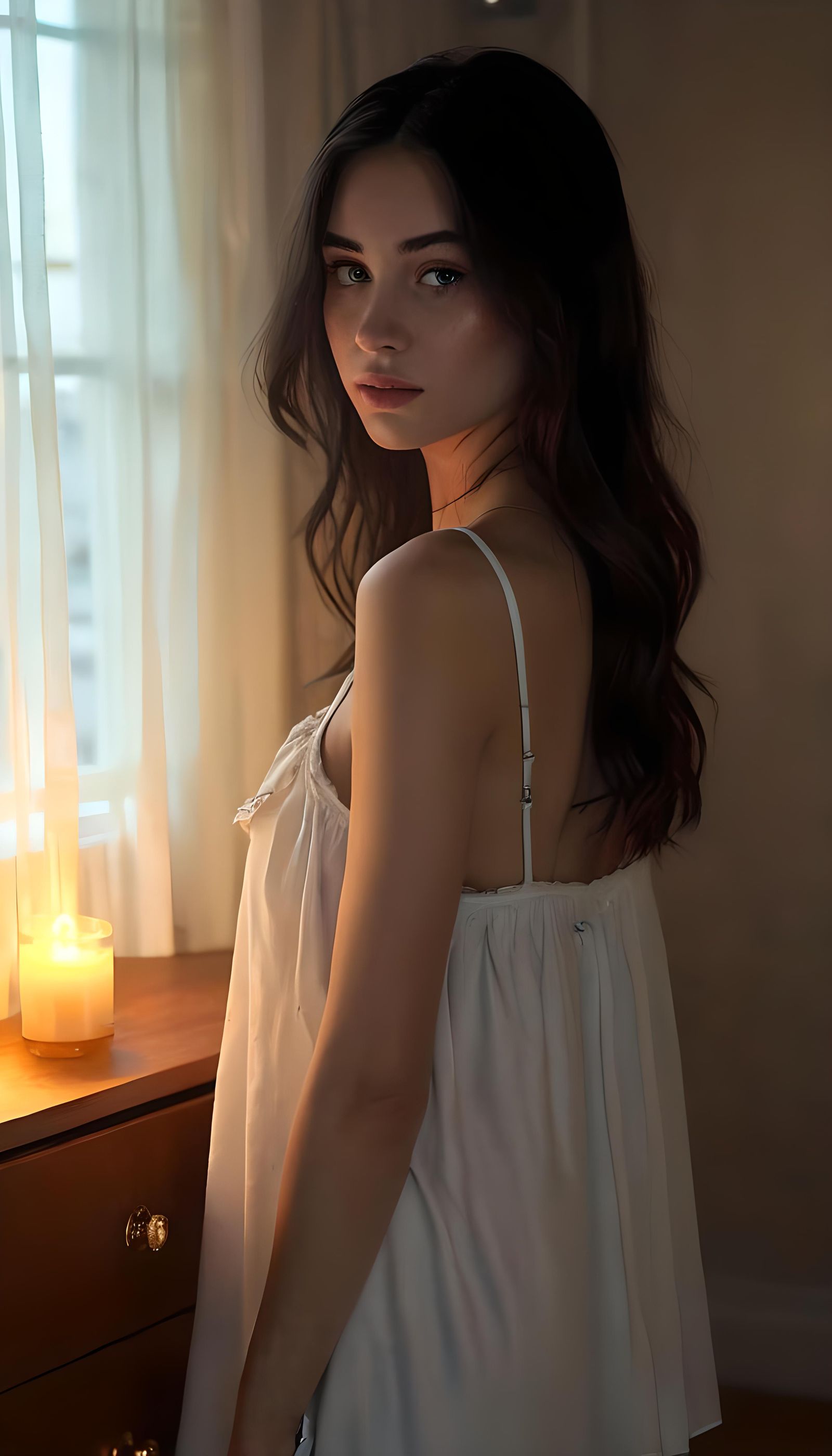 Woman in Neon-lit Room Lighting Candles