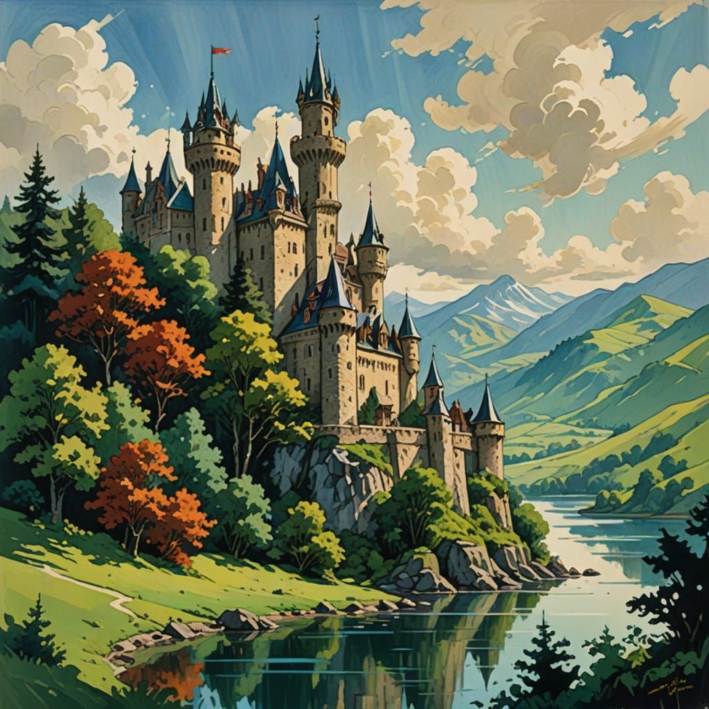 Medieval Castle Amidst Serene Landscape, in the Style of Fre...
