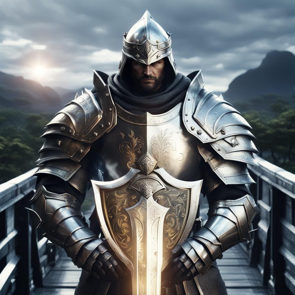 Stern Paladin Warrior with Shield and Sword