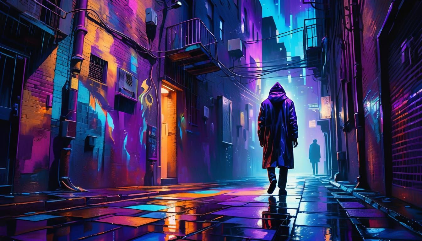 Moody Nightlife: Surreal Alleyway in Vibrant Oil Painting