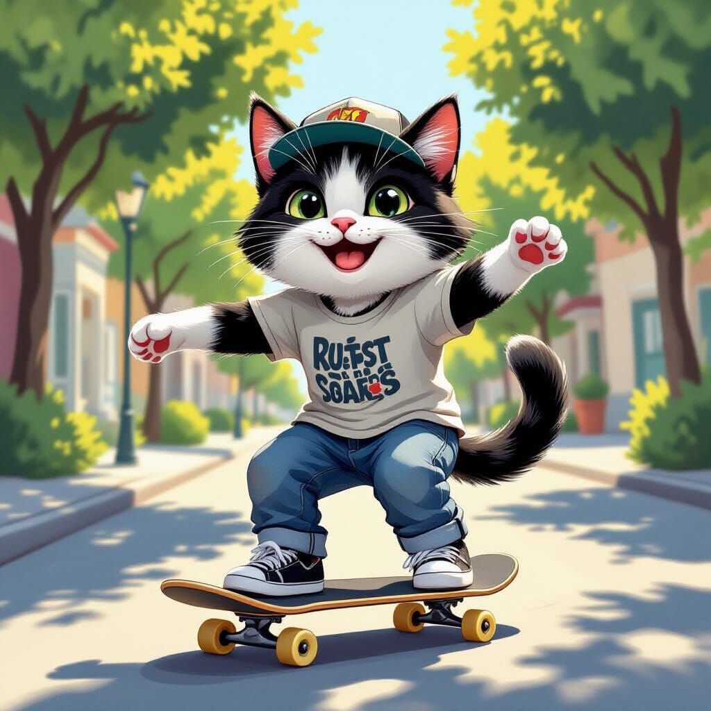 Smiling Cat Skateboarding in Stylized Illustration