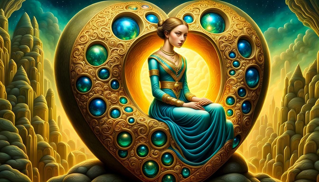 Lady on Stone Heart: Vibrant Fantasy Art