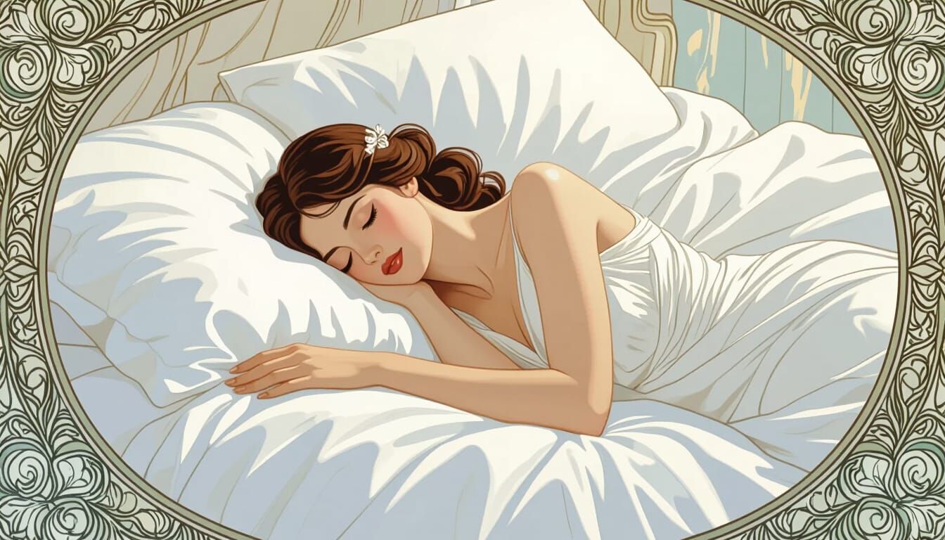 Elegant Woman on Plush Bed in Soft, Flowing Style