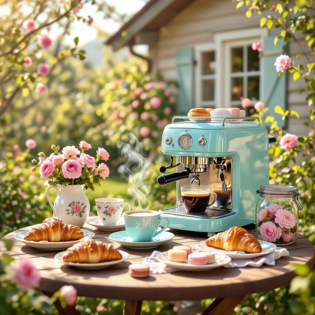 Cozy Spring Cafe Scene with Vintage Espresso Machine