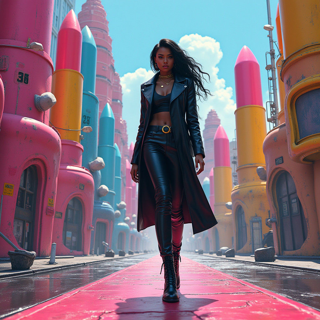 A Dark Figure Walks Through a City of Vibrant Lipstick Skysc...