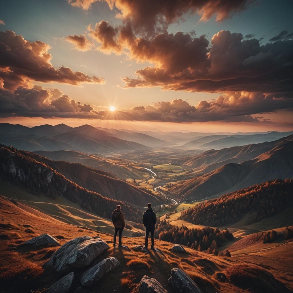 Mountain Sunset in Organic Brushstroke Style