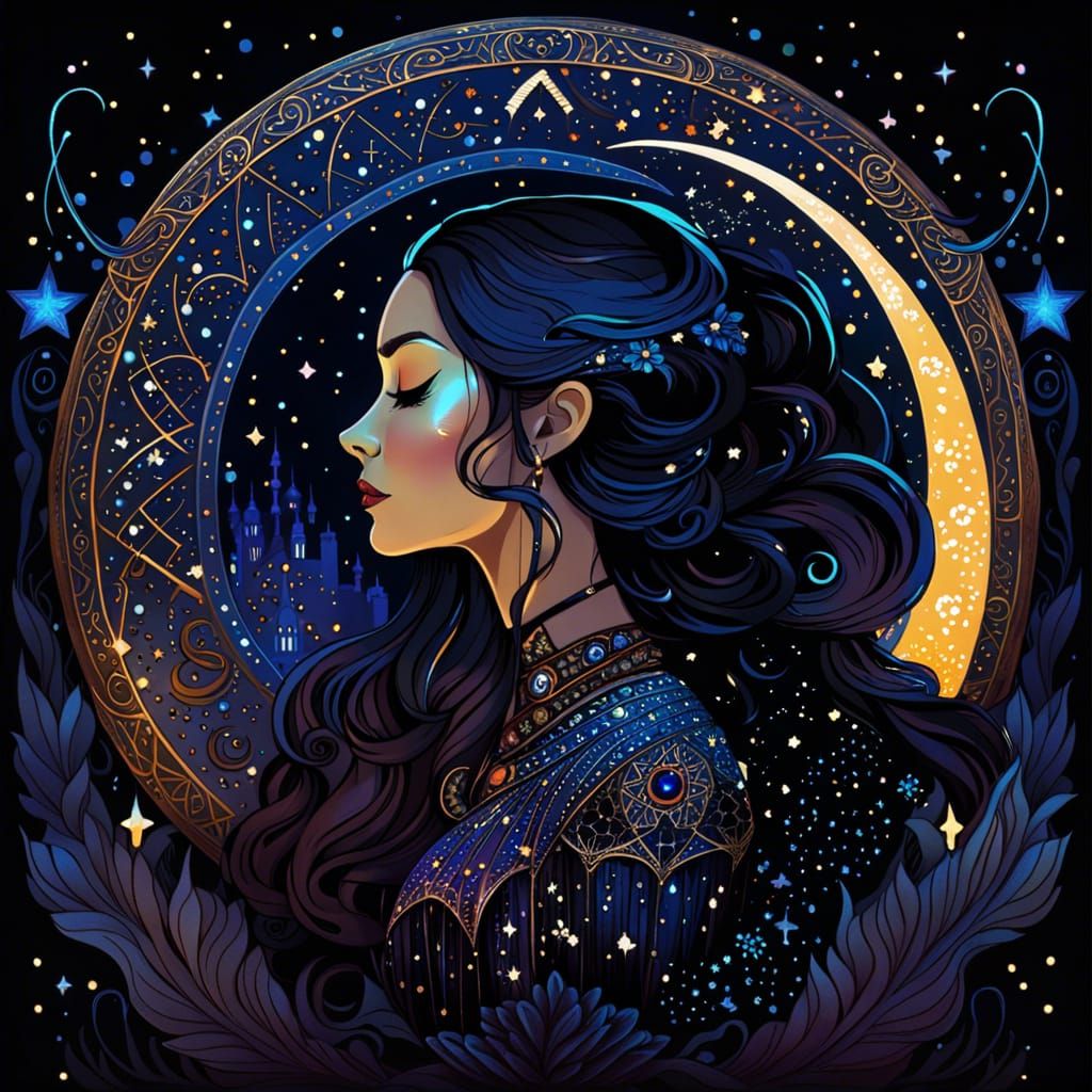 Starry Night Runic Magic Woman: Vector Art