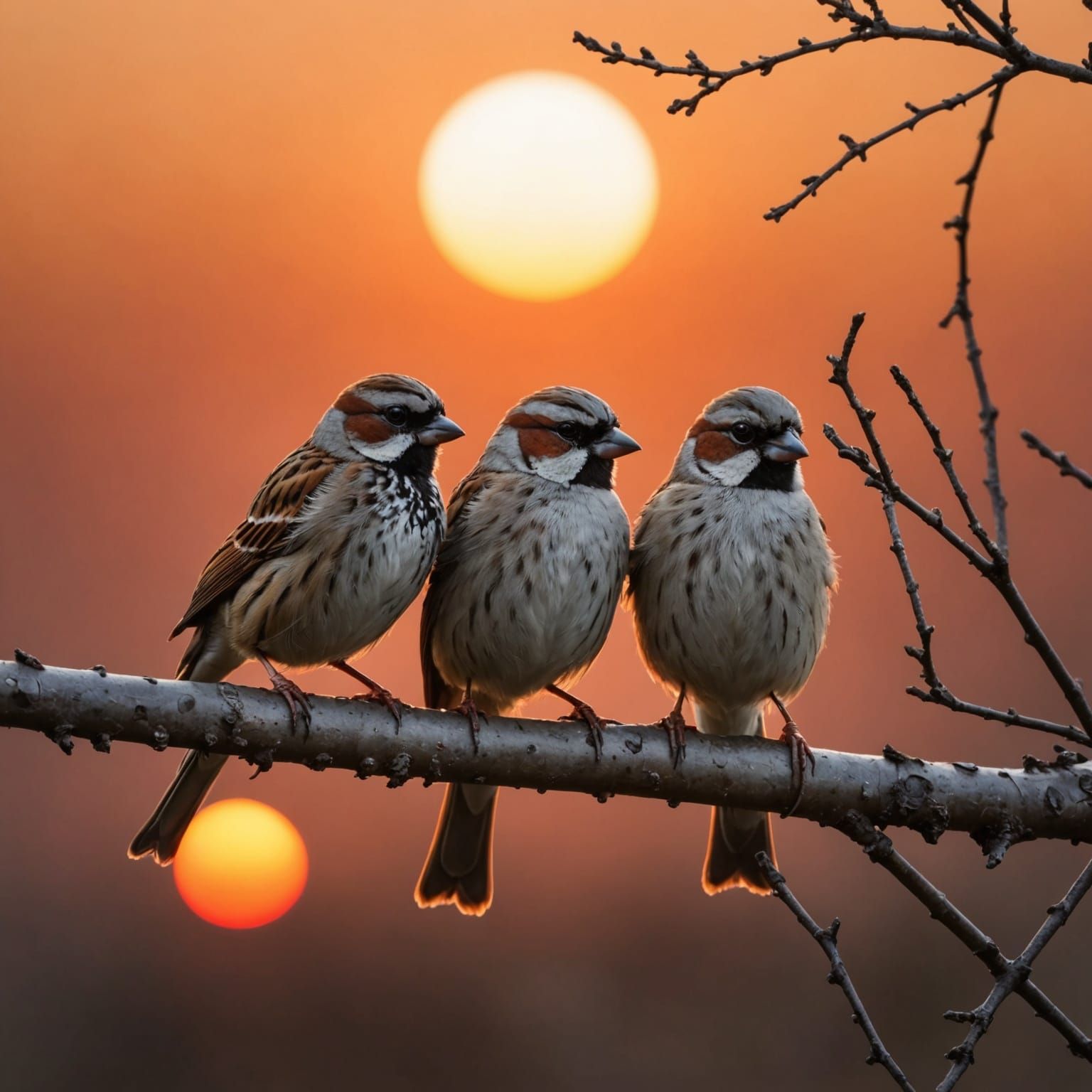 Sparrows on a Branch at Sunset