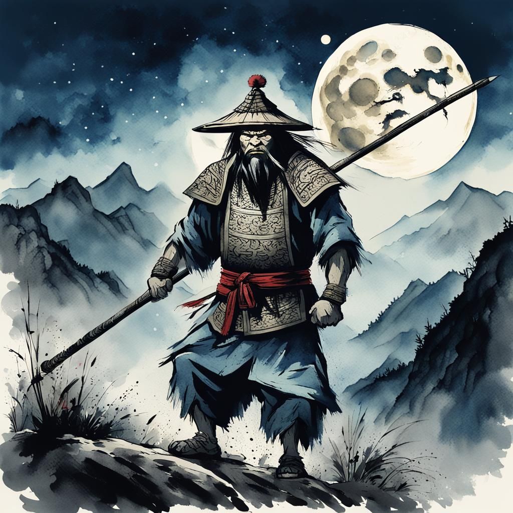 Ancient Kung-Fu Warrior with Spear in Ink Style