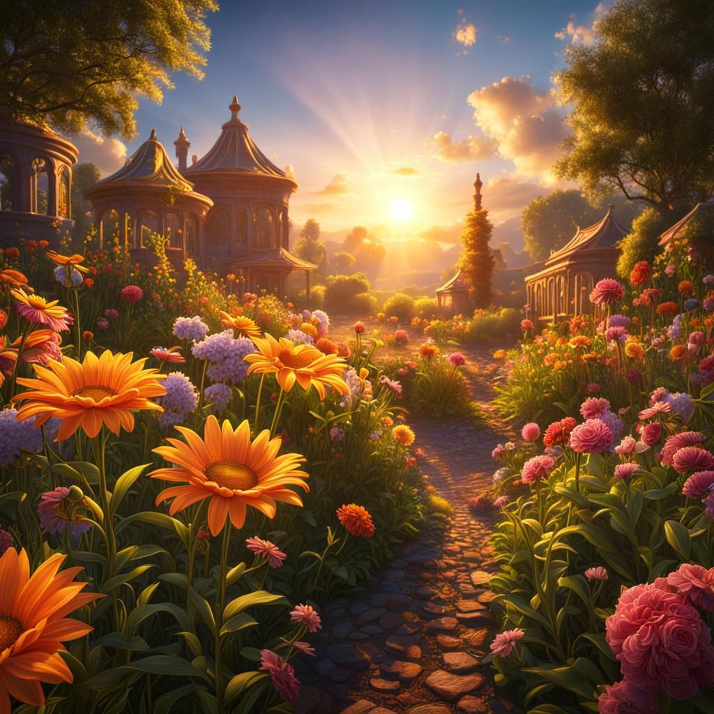 Sunrise Over Flower Field: Detailed Digital Matte Painting