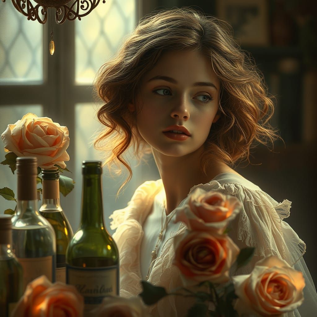 Nostalgic Woman with Wine and Roses
