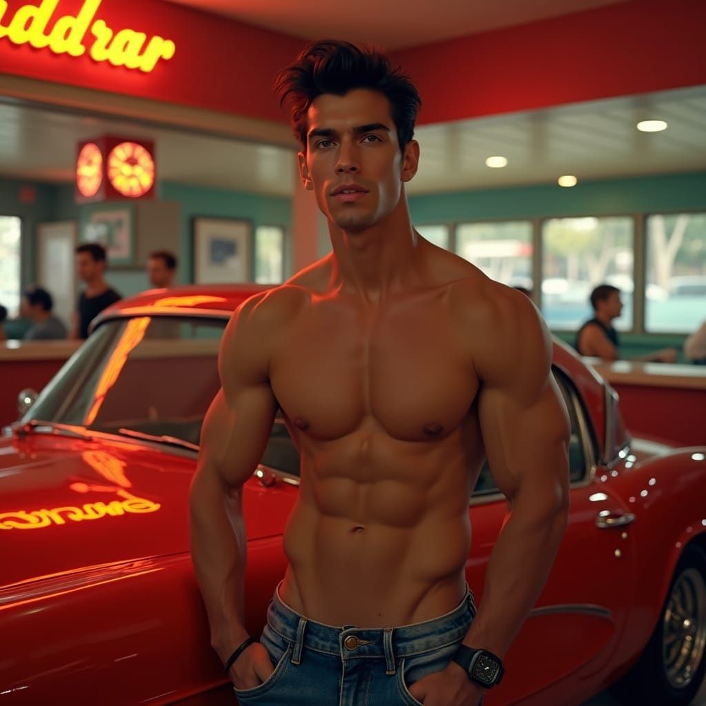 Retro Cool Man in Vintage Diner with Sports Car