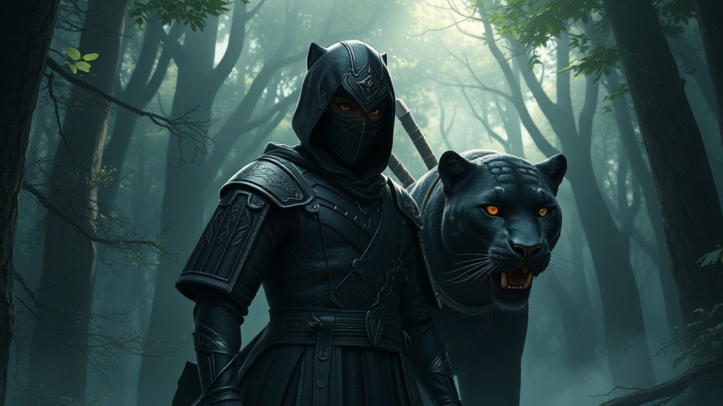 Ninja and Panther in Misty Forest, Anime Art
