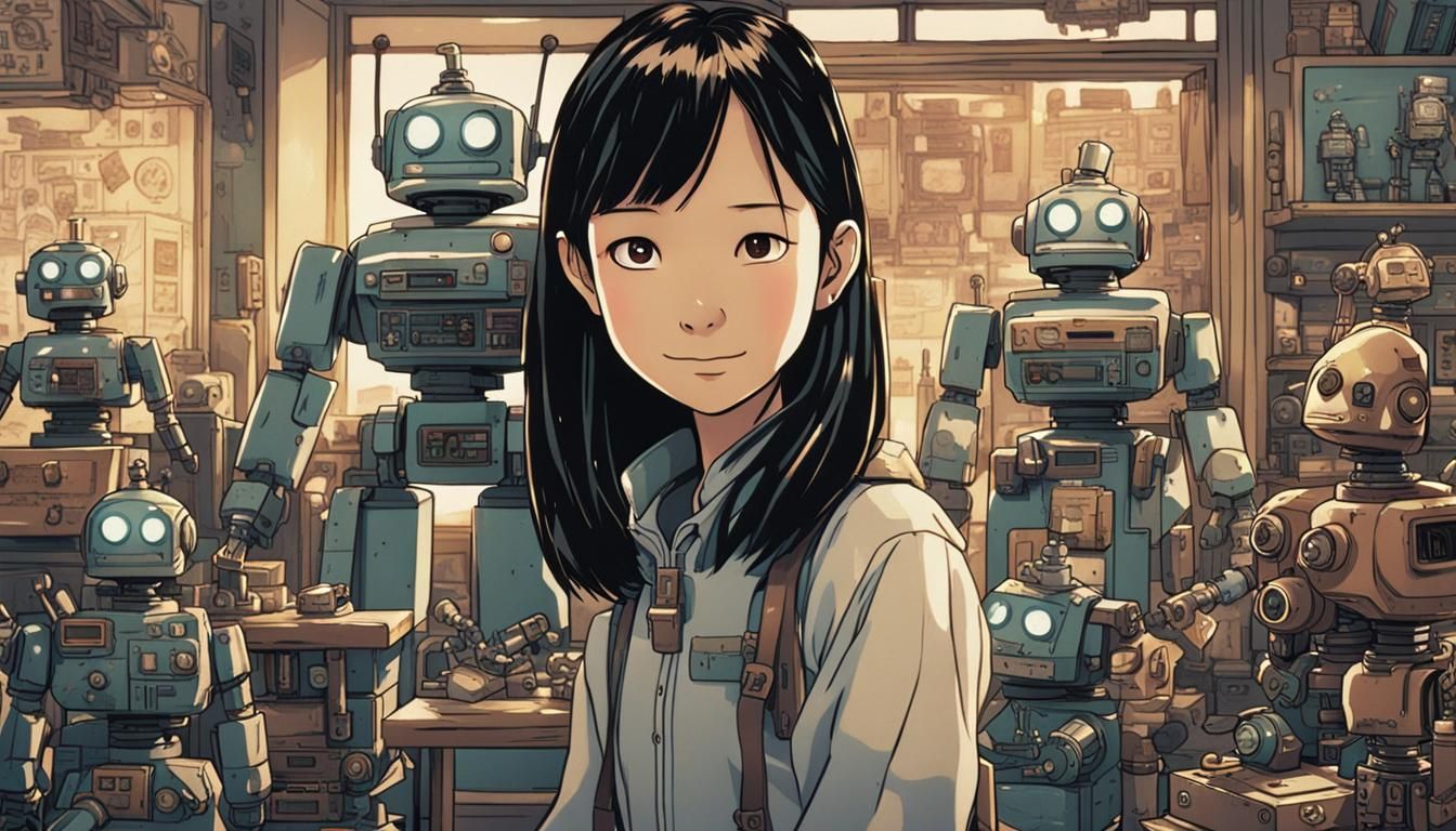 Smiling Girl Building Vintage Robot in Anime Style