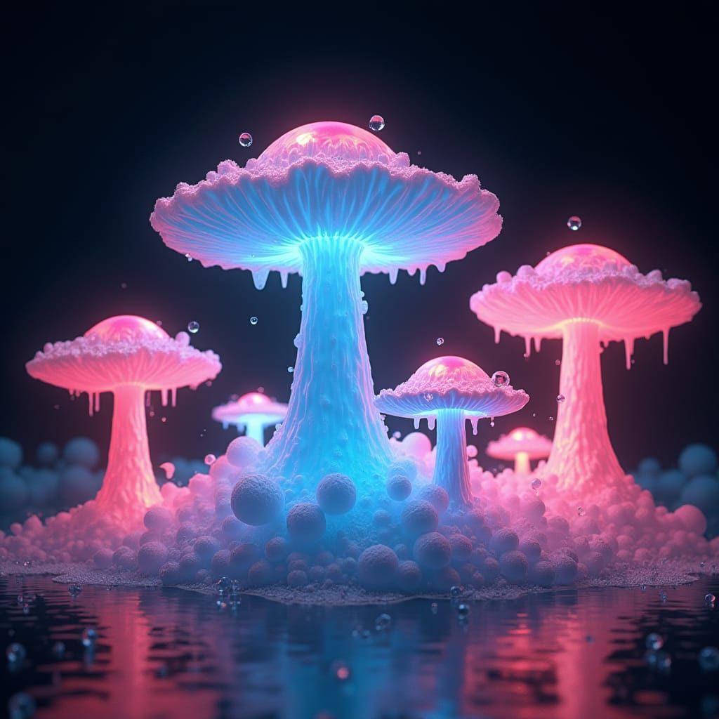 Glowing Mushroom Ice Formations in Dreamlike Scene