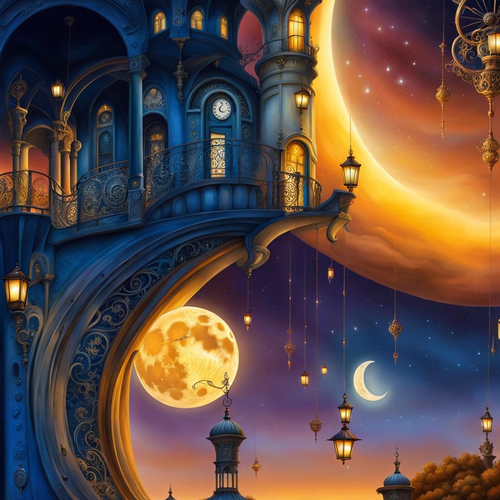 Steampunk Clock Tower on the Moonlit Sky
