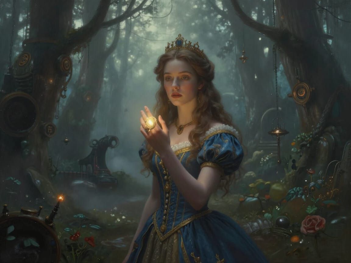 Princess Guided by Glowing Ring in Steampunk Forest Oil Pain...