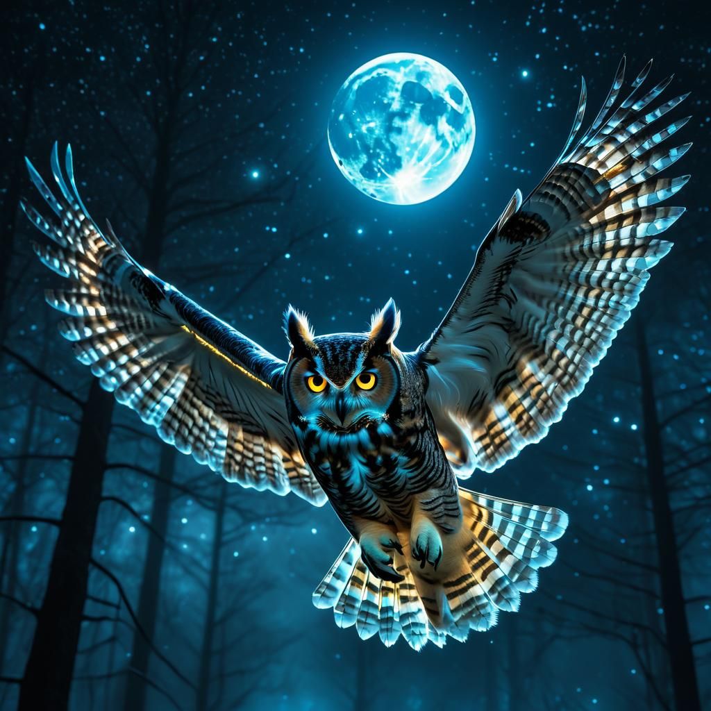 Bioluminescent Owl Hunting Under Cosmic Moon