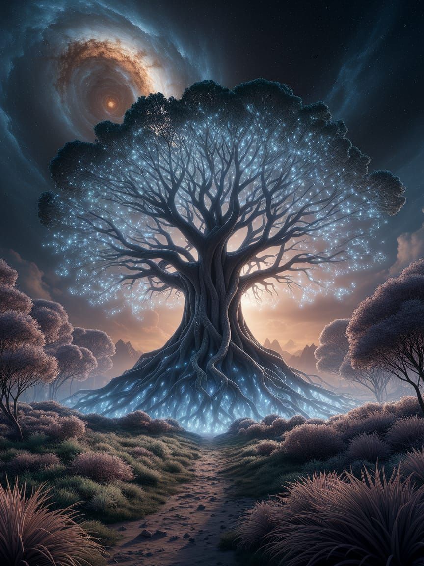 Ancient Bioluminescent Tree in Cosmic Garden