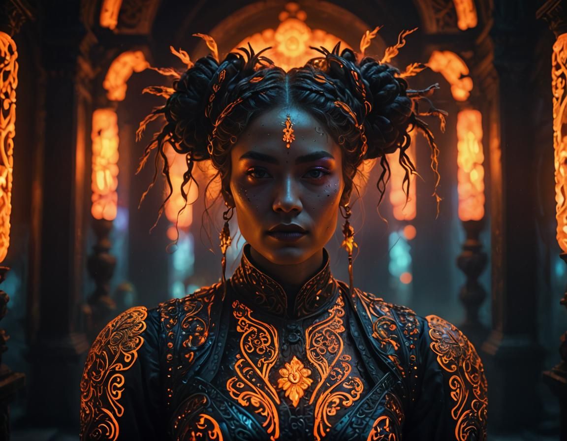 Neon Ornate Clothing in a Misty, Surreal Scene