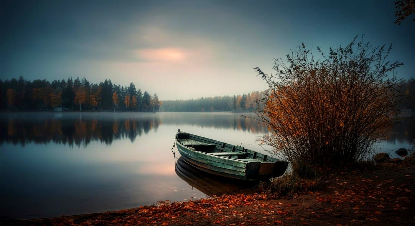 Lake Sunset with Wooden Boat and Fall Leaves