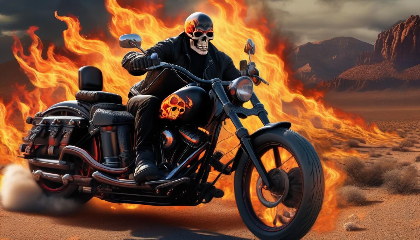 Flaming Skull Biker Rides Through Desert Ghost Town
