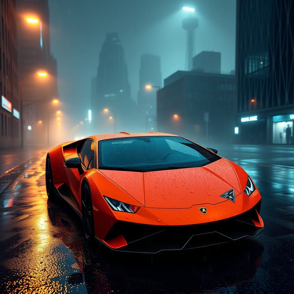 Sleek Orange Lamborghini Illuminated by Soft Streetlights in...