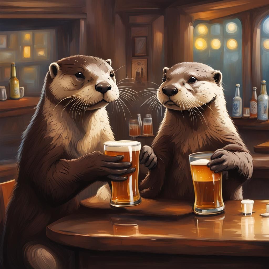 Otters Enjoying Beer in a Cozy Pub