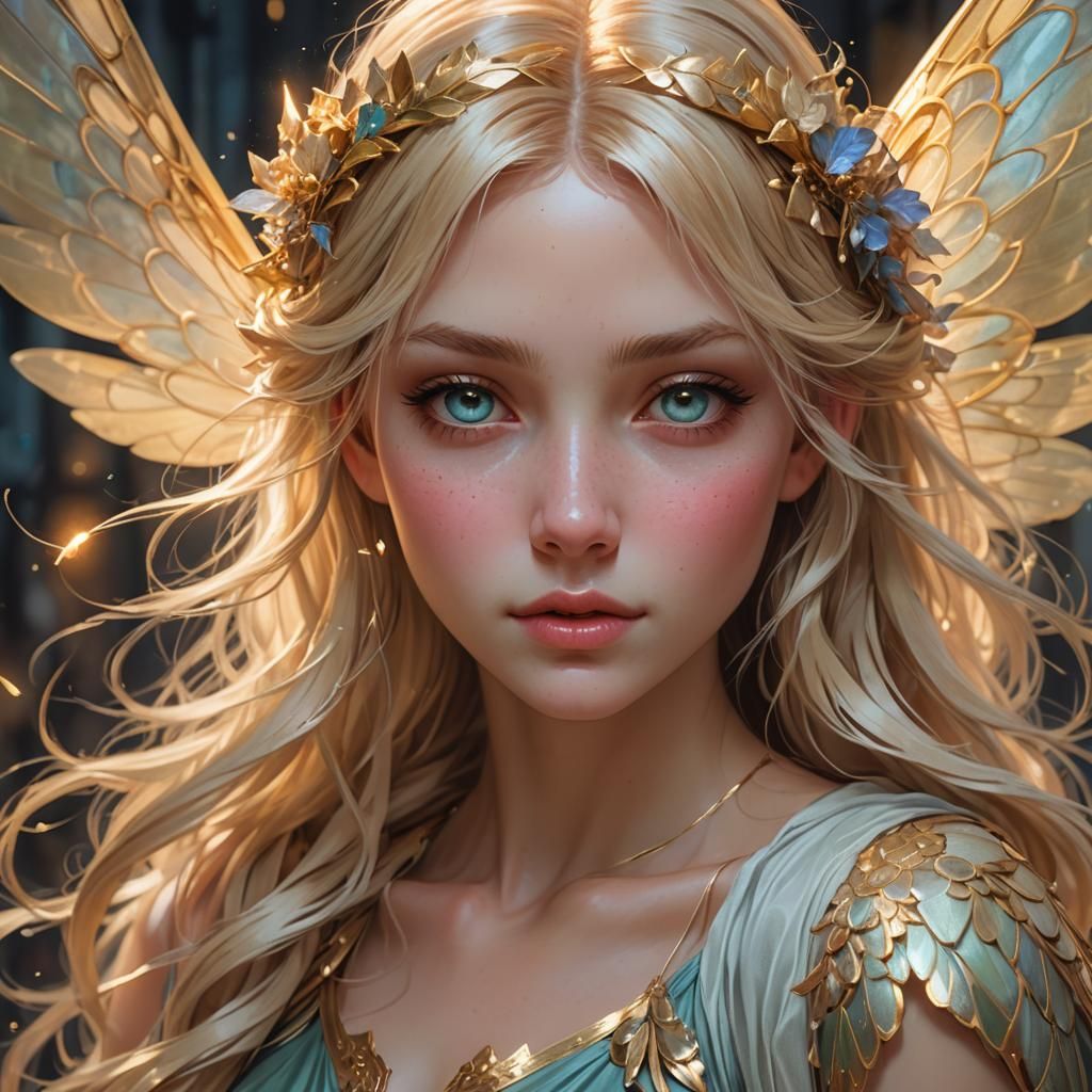 Blond Fairy Girl Portrait in Art Nouveau Style