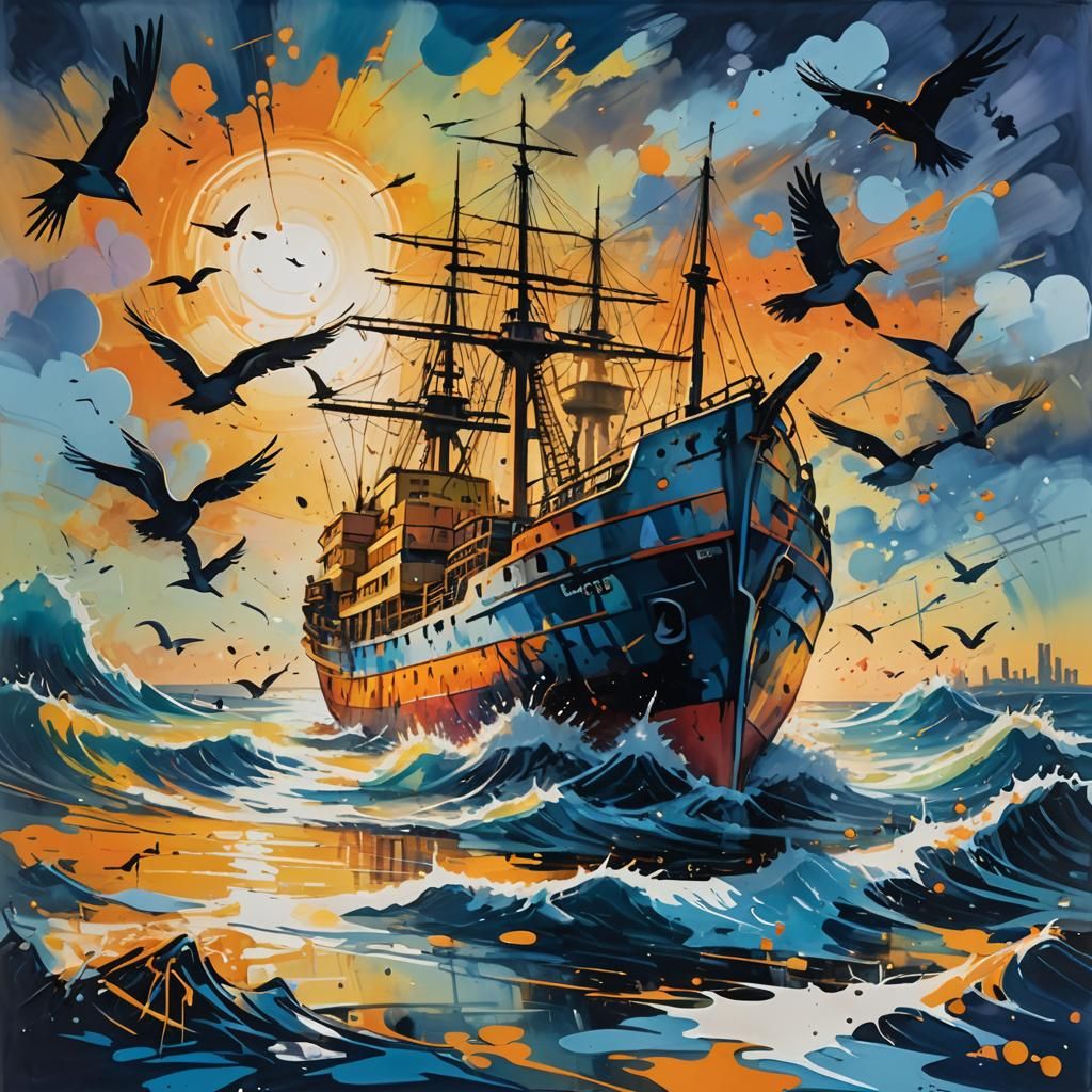 Vibrant Graffiti Art of Ship at Sea