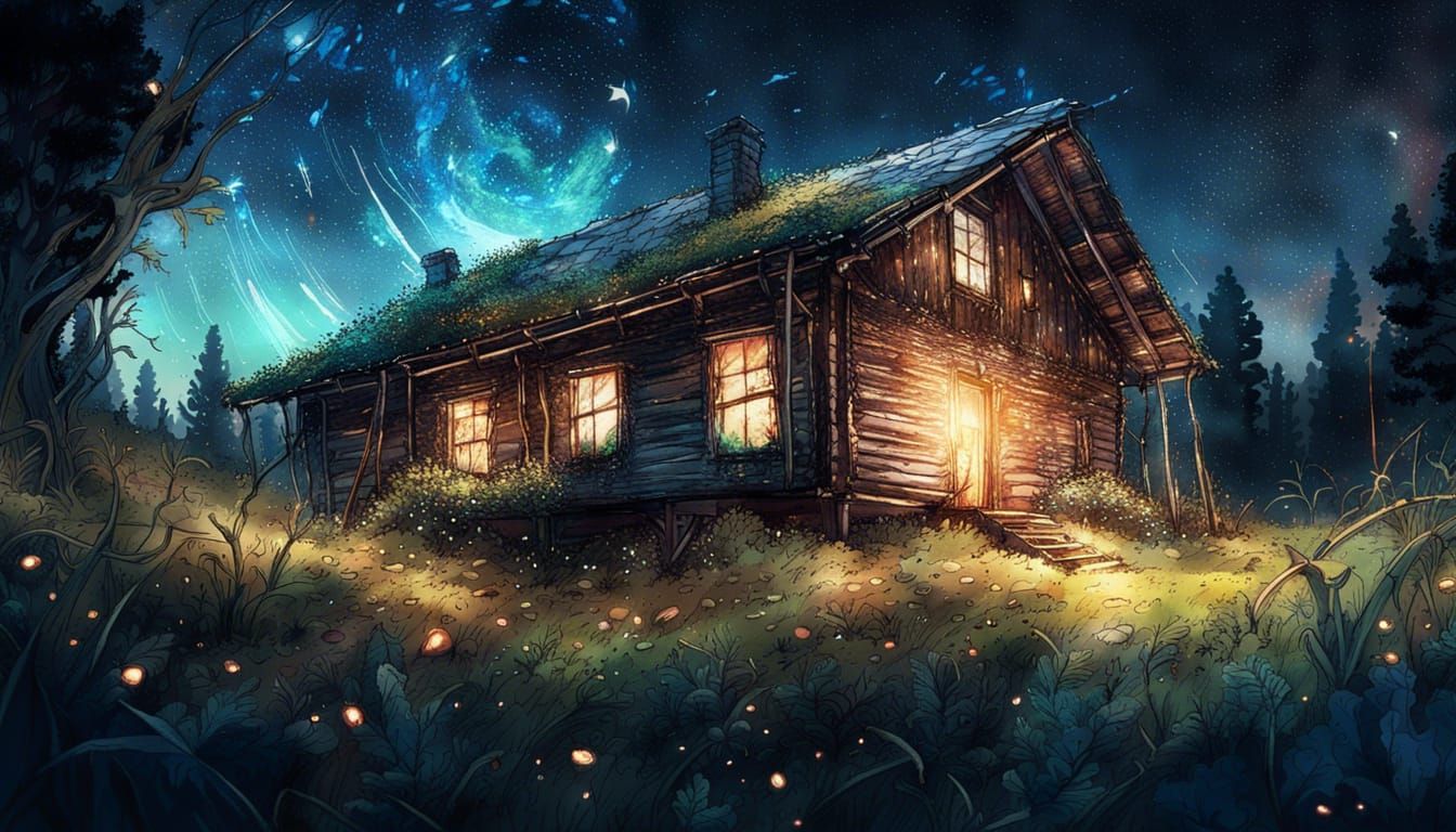 Cabin in Woods Under Night Sky, Fantasy Art