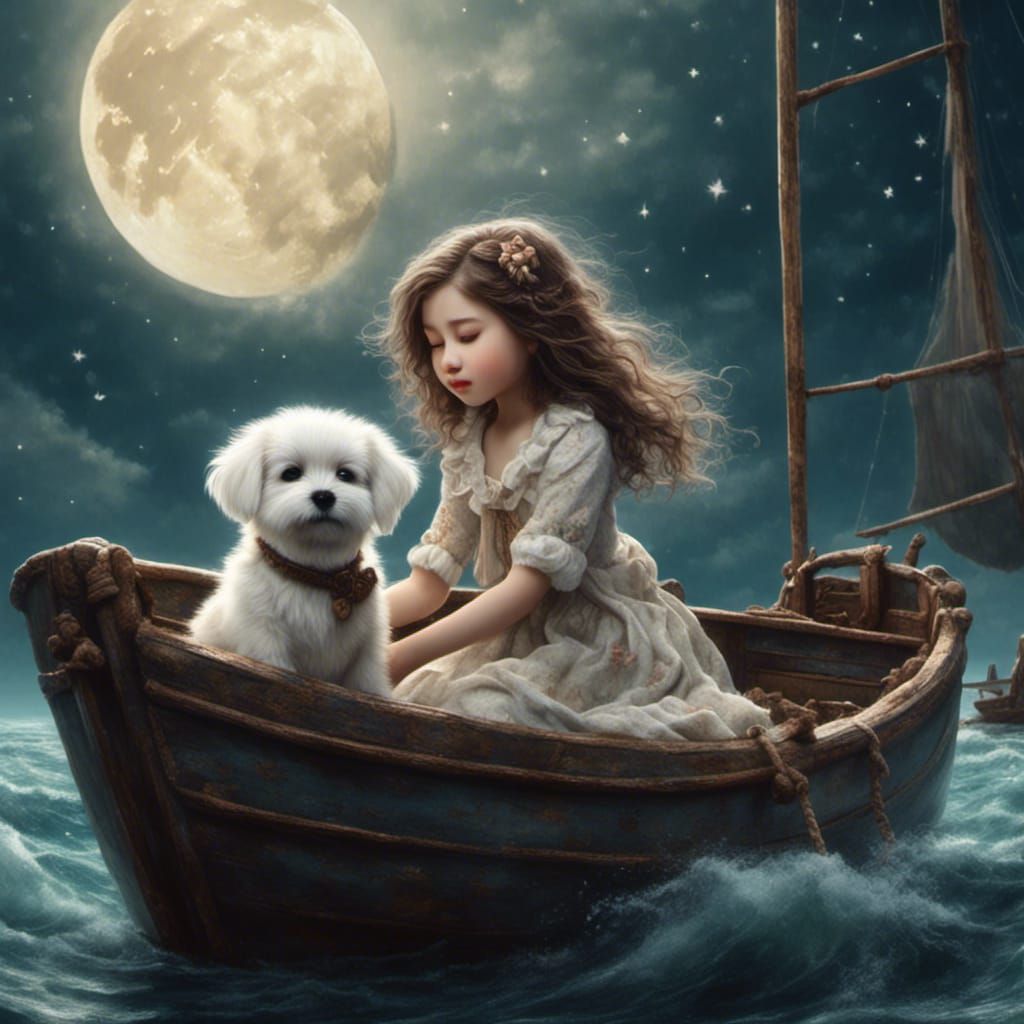 Cute Puppy and Girl on the Sea, Whimsical Art