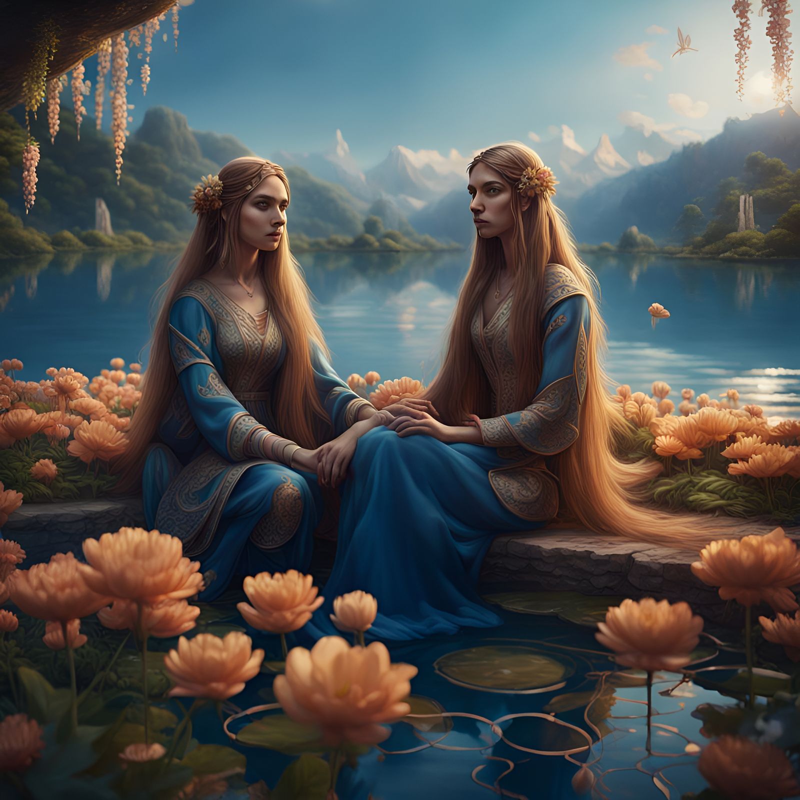 Women by Lake with Golden Geometric Shapes