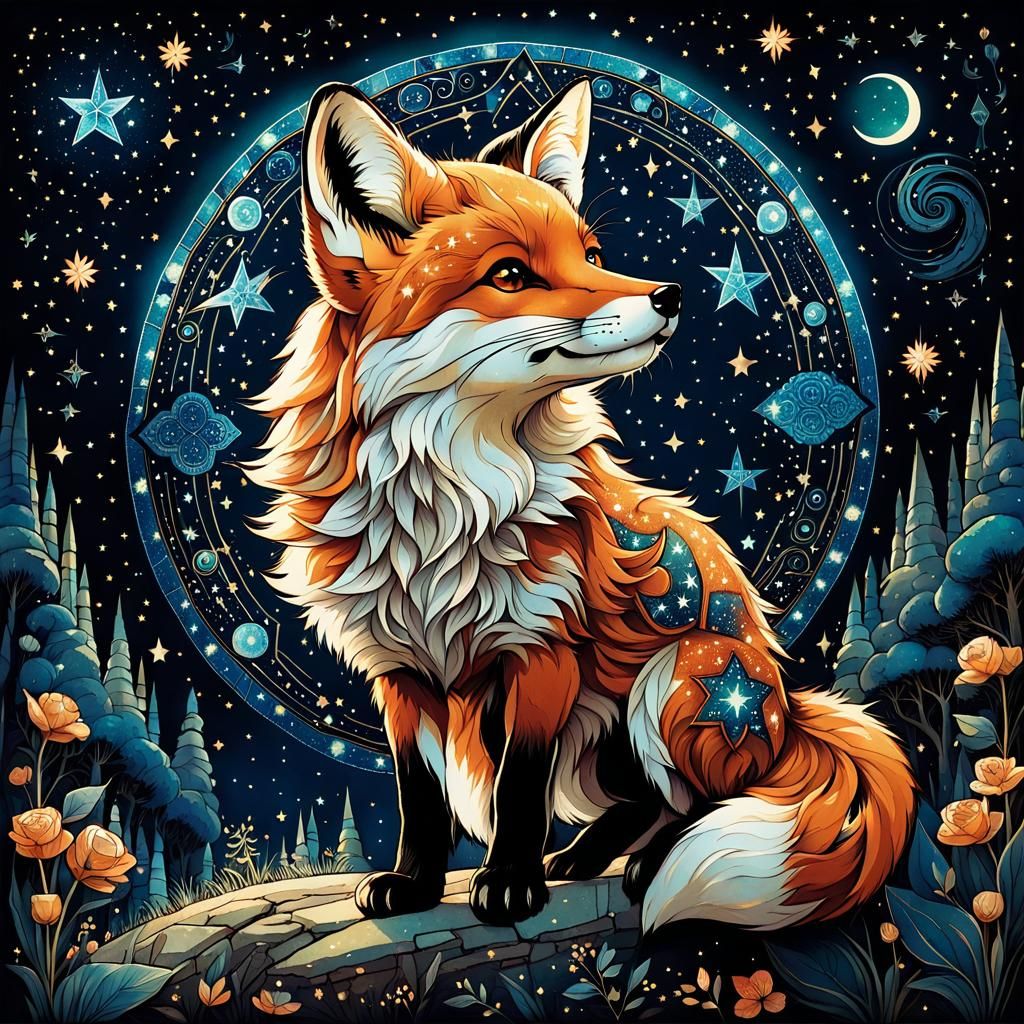 Starry Baby Fox Gazing at Night Sky