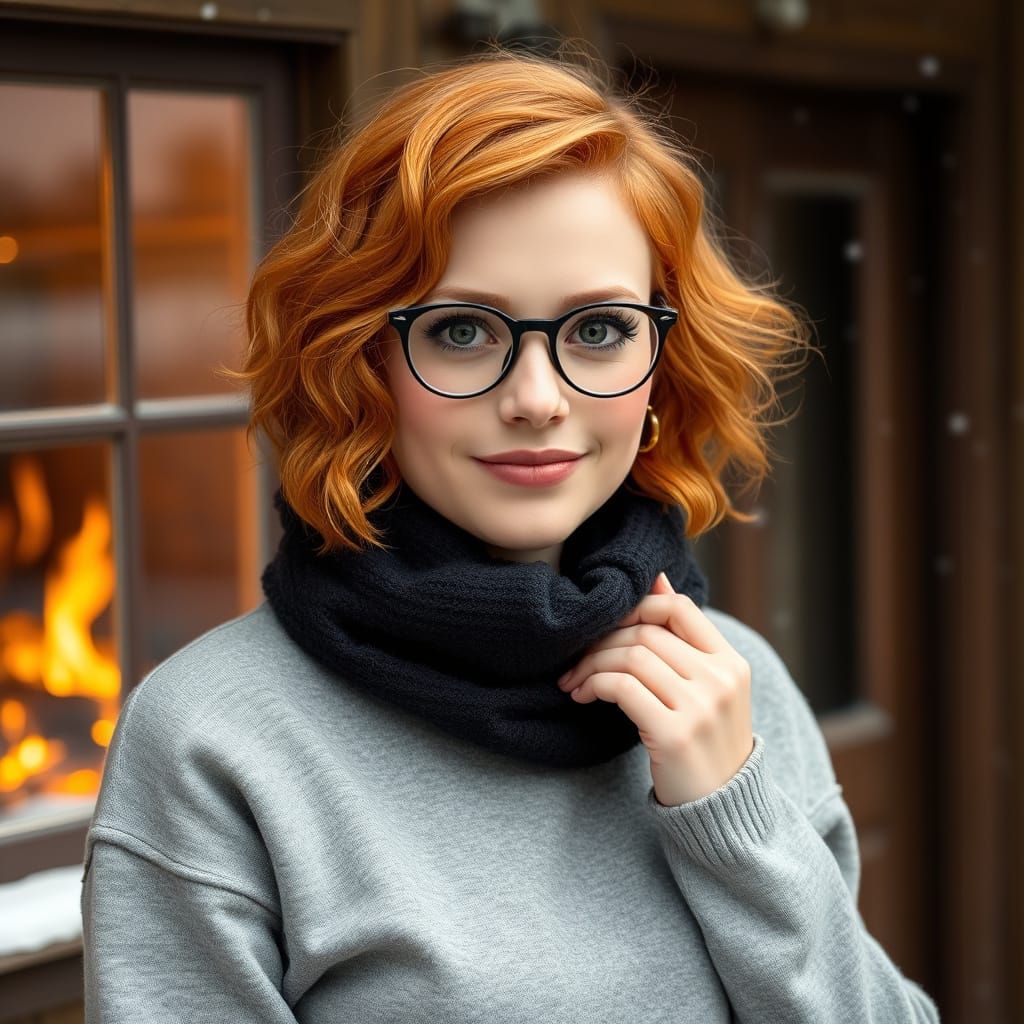 Cozy Winter Scene with Orange-Haired Woman